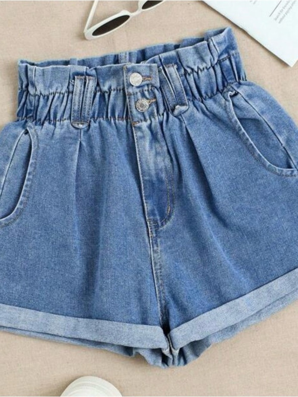 High-Waist Paperbag Denim Shorts - Blue